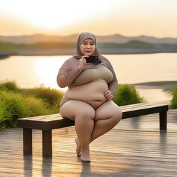 Overweight 50-year-old Malay woman wearing a hijab and a g-string mini bikini is sitting and taking pictures on a wooden bench