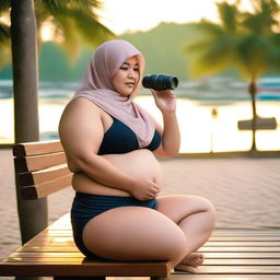 Overweight 50-year-old Malay woman wearing a hijab and a g-string mini bikini is sitting and taking pictures on a wooden bench