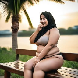 Overweight 50-year-old Malay woman wearing a hijab and a g-string mini bikini is sitting and taking pictures on a wooden bench