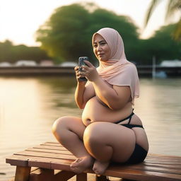 An overweight 50-year-old Malay woman wearing a hijab and a g-string mini bikini is sitting and taking pictures on a wooden bench