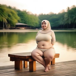 An overweight 50-year-old Malay woman wearing a hijab and a g-string mini bikini is sitting and taking pictures on a wooden bench