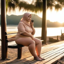 An overweight 50-year-old Malay woman wearing a hijab and a g-string mini bikini is sitting and taking pictures on a wooden bench