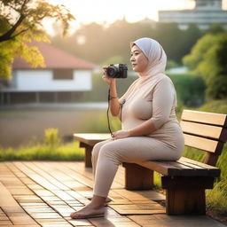 An overweight 50-year-old Malay woman wearing a hijab and a g-string mini bikini is sitting and taking pictures on a wooden bench