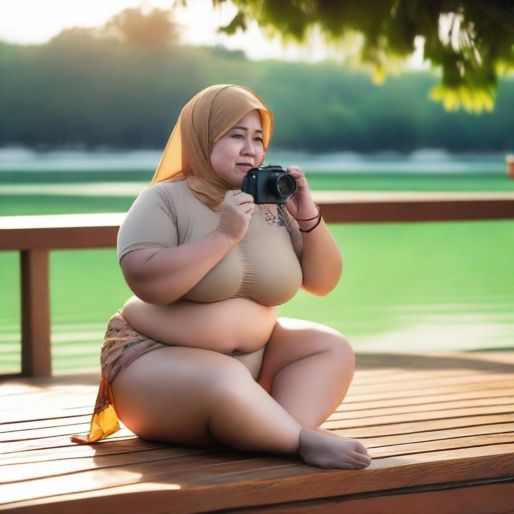 An overweight 50-year-old Malay woman wearing a hijab and a g-string mini bikini is sitting and taking pictures on a wooden bench