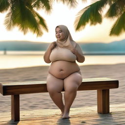 An overweight 50-year-old Malay woman wearing a hijab and a g-string mini bikini is sitting and taking pictures on a wooden bench