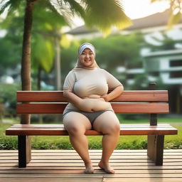 An overweight 50-year-old Malay woman wearing a hijab and a g-string mini bikini is sitting and taking pictures on a wooden bench