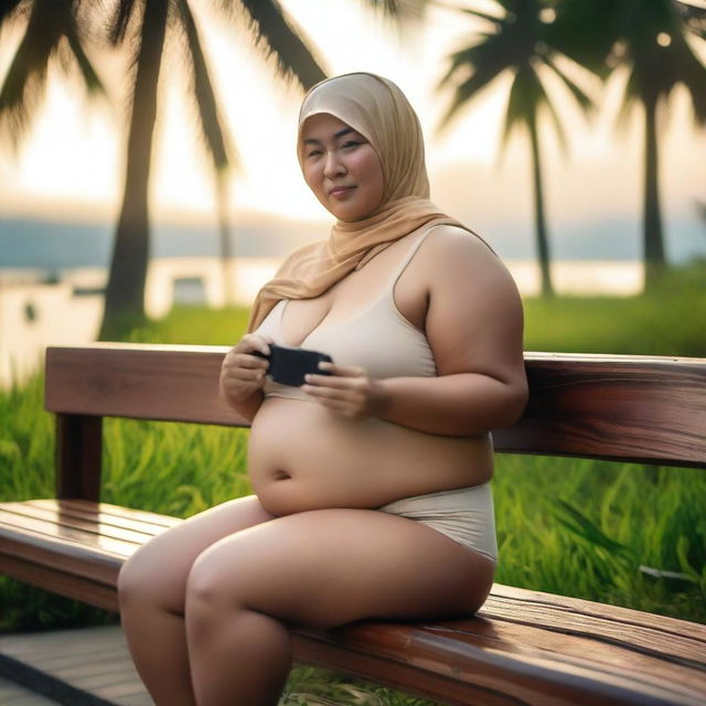 An overweight 50-year-old Malay woman wearing a hijab and a g-string mini bikini is sitting and taking pictures on a wooden bench