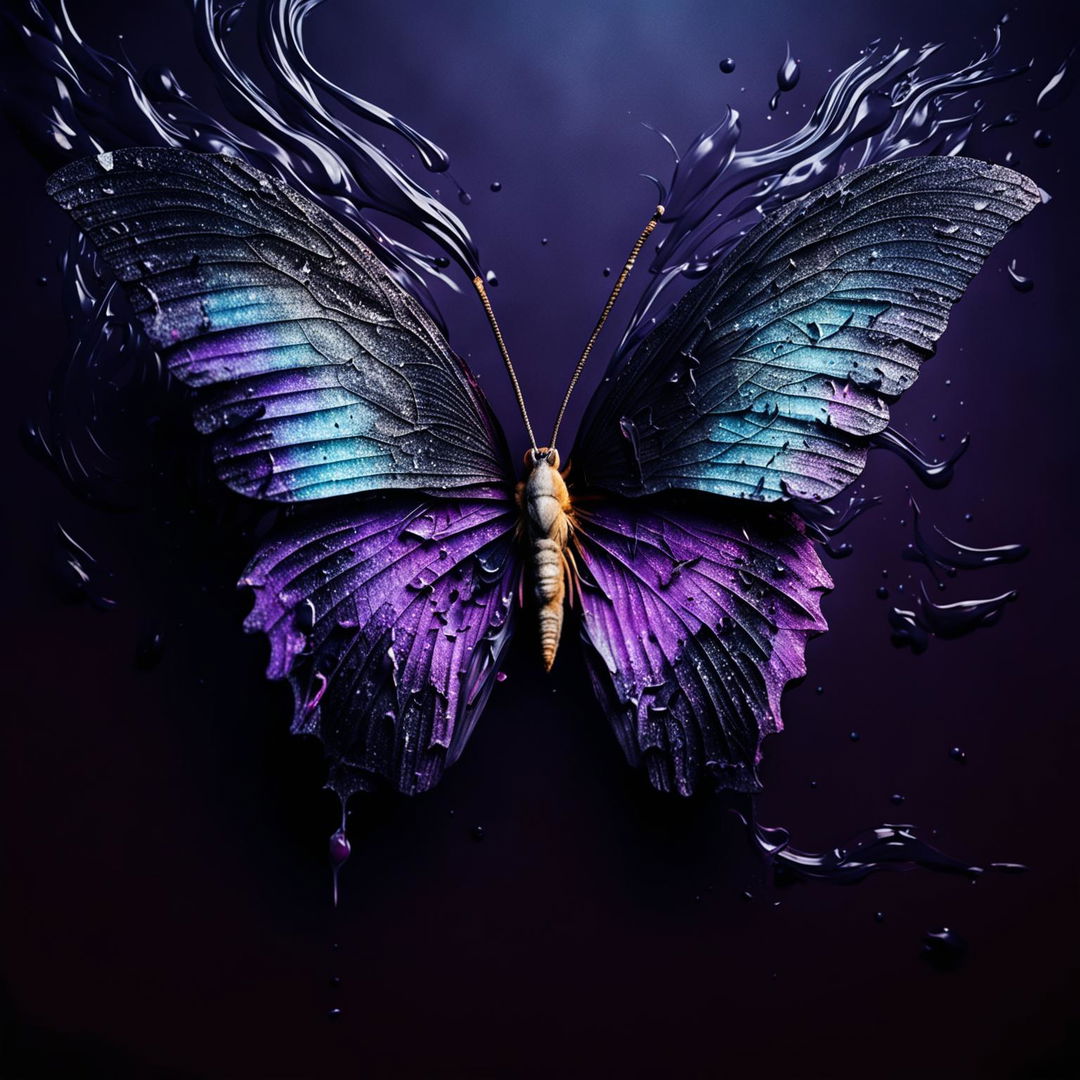 A smashed up purple butterfly with ripped wings and holes, set against a dark, abstract background with shades of black, dark blues, and deep purples