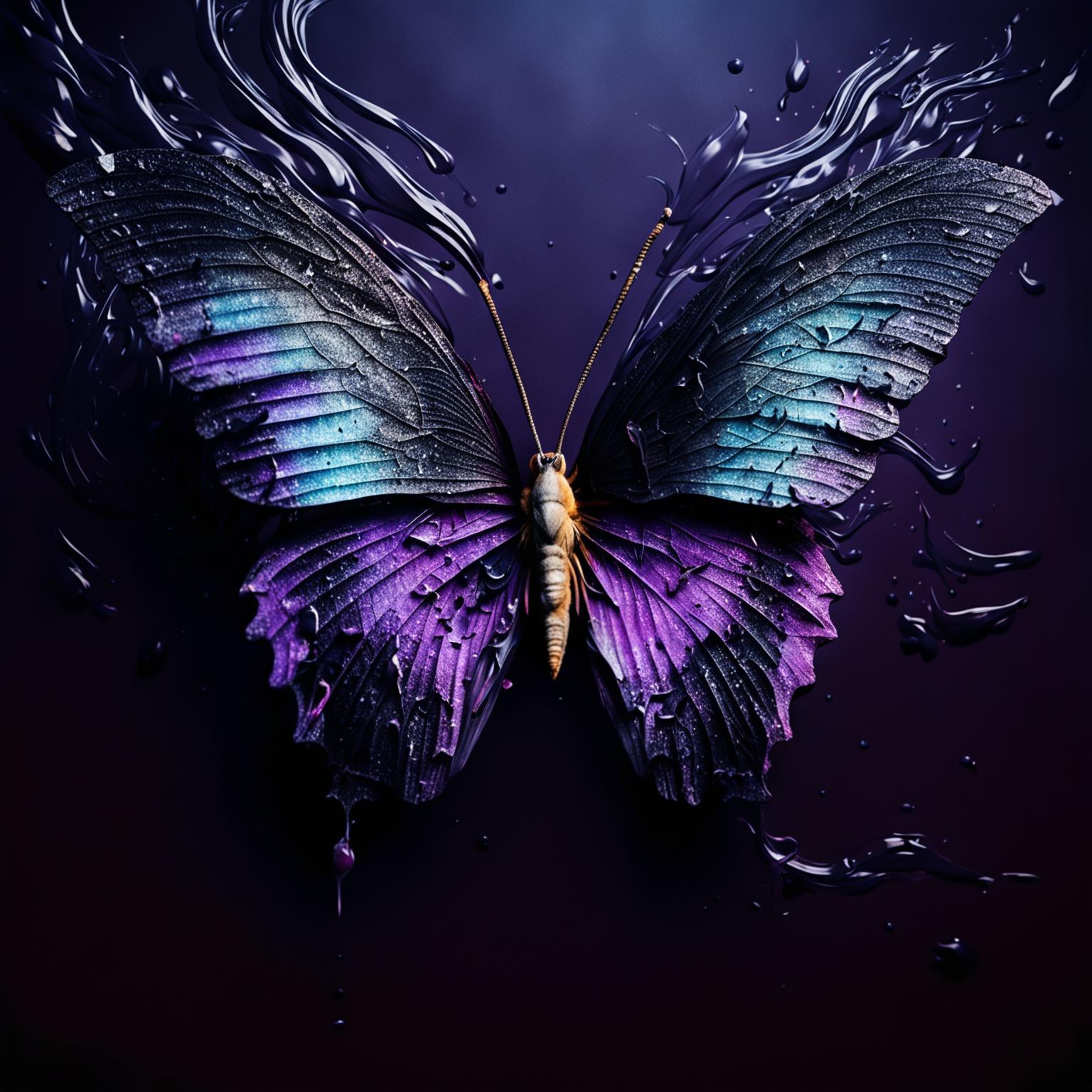 A smashed up purple butterfly with ripped wings and holes, set against a dark, abstract background with shades of black, dark blues, and deep purples