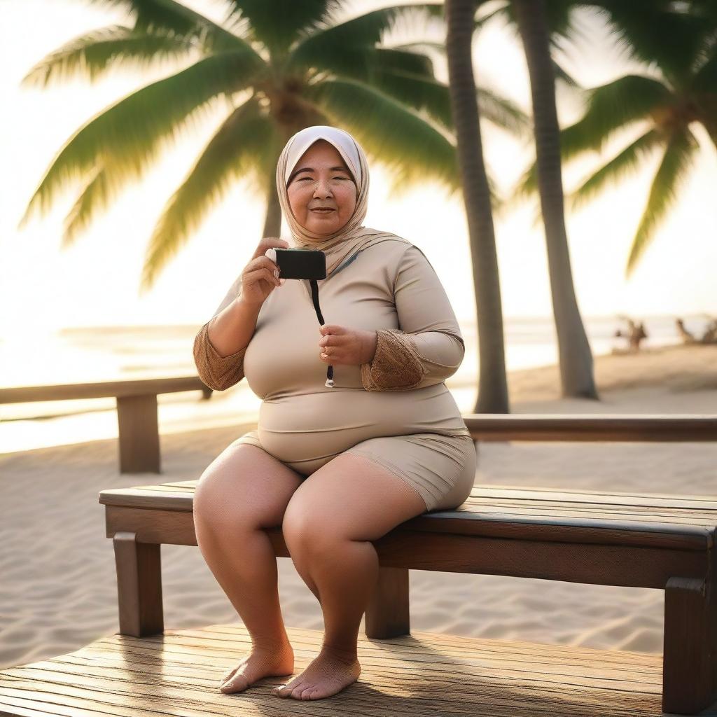 An overweight 70-year-old Malay woman wearing a hijab and a g-string mini bikini is sitting and taking pictures on a wooden bench