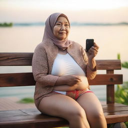 An overweight 70-year-old Malay woman wearing a hijab and a g-string mini bikini is sitting and taking pictures on a wooden bench