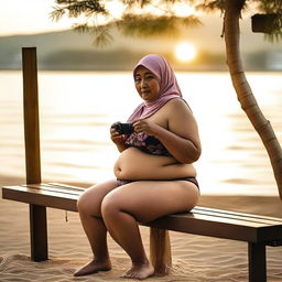 An overweight 70-year-old Malay woman wearing a hijab and a g-string mini bikini is sitting and taking pictures on a wooden bench