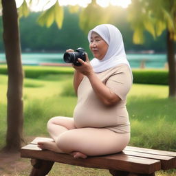 An overweight 70-year-old Malay woman wearing a hijab and a g-string mini bikini is sitting and taking pictures on a wooden bench