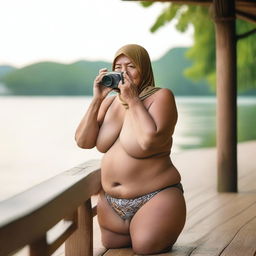 An overweight 70-year-old Malay woman wearing a hijab and a g-string mini bikini is sitting and taking pictures on a wooden bench