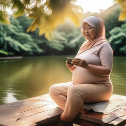 An overweight 70-year-old Malay woman wearing a hijab and a g-string mini bikini is sitting and taking pictures on a wooden bench