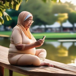 An overweight 70-year-old Malay woman wearing a hijab and a g-string mini bikini is sitting and taking pictures on a wooden bench