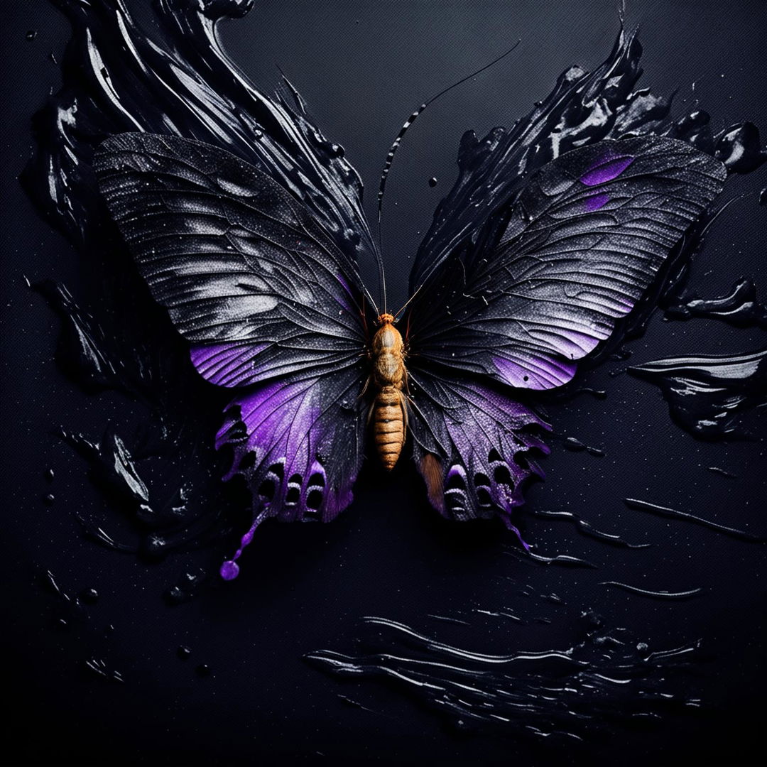 A crushed purple butterfly with ripped wings and holes, set against a stark black abstract background.