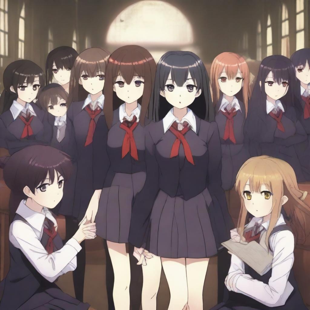 A scene featuring one demon student girl in the center, surrounded by vampire students