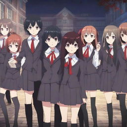 A scene featuring one demon student girl in the center, surrounded by vampire students