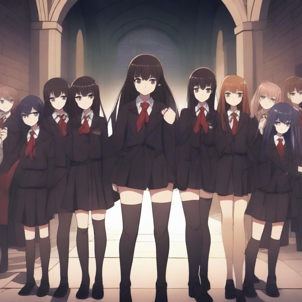 A scene featuring one demon student girl in the center, surrounded by vampire students