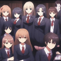 A scene featuring one demon student girl in the center, surrounded by vampire students