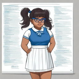 A chubby Malay female schoolgirl with very dark skin, aged 13