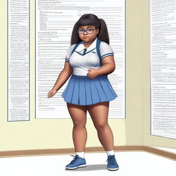 A chubby Malay female schoolgirl with very dark skin, aged 13