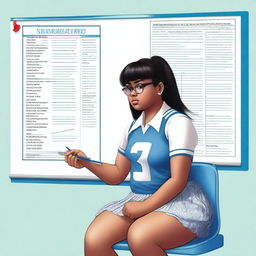 A chubby Malay female schoolgirl with very dark skin, aged 13