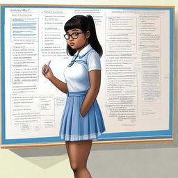 A chubby Malay female schoolgirl with very dark skin, aged 13