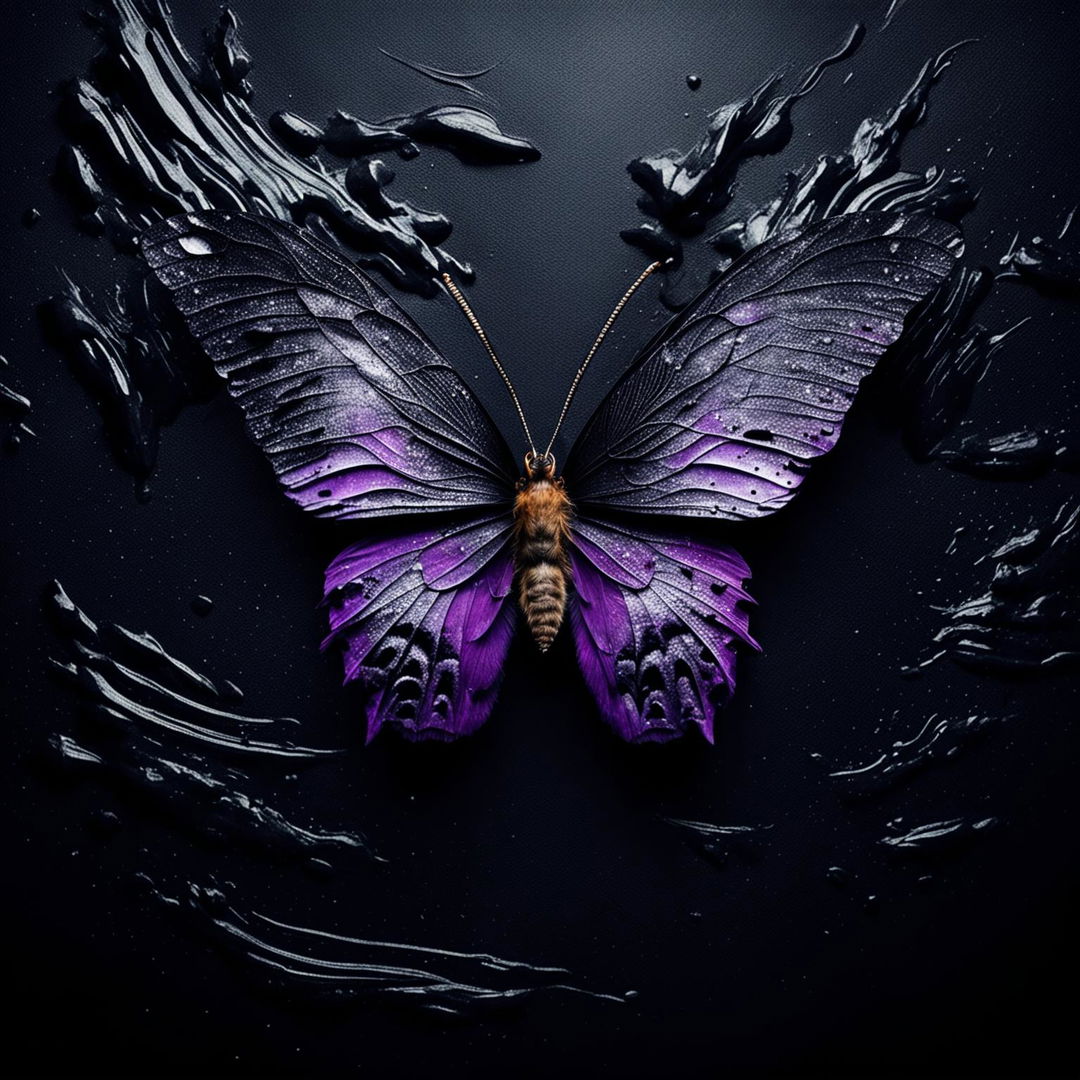 A crushed purple butterfly with ripped wings and holes, set against a black abstract background.