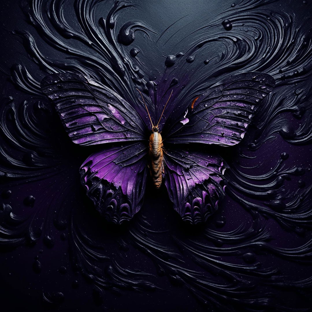 A crushed purple butterfly with ripped wings and holes, set against a black swirl abstract background.