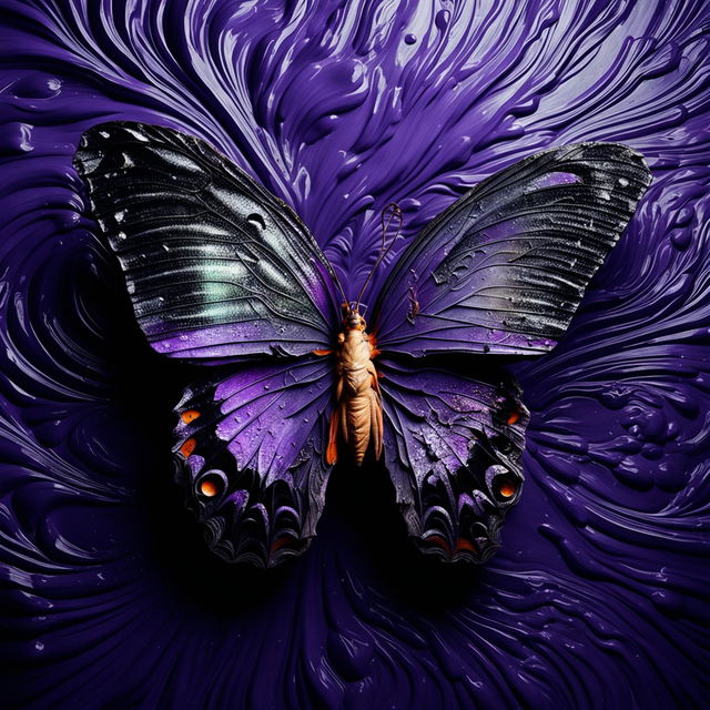 A crushed purple butterfly with ripped wings and holes, set against a swirl abstract background.