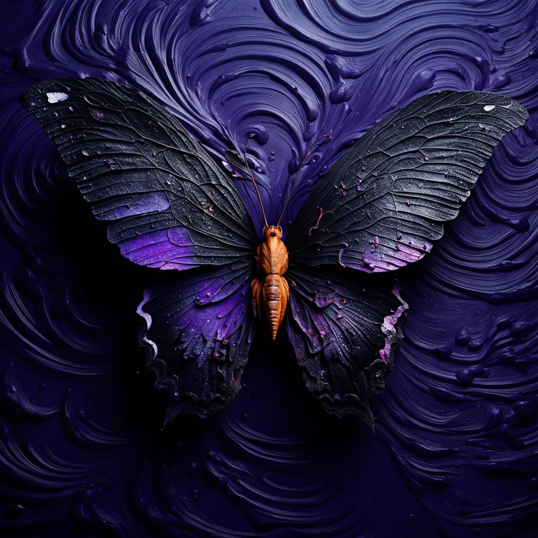 A crushed purple butterfly with ripped wings and holes, set against a dark, swirling abstract background with shades of black, dark blues, and deep purples