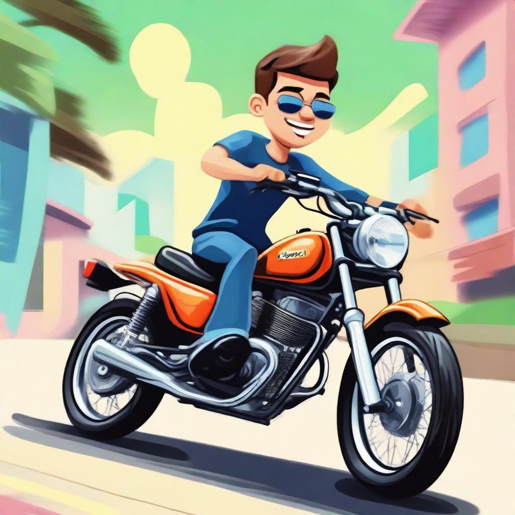 Dear Daniel riding a motorcycle, showcasing a fun and adventurous scene