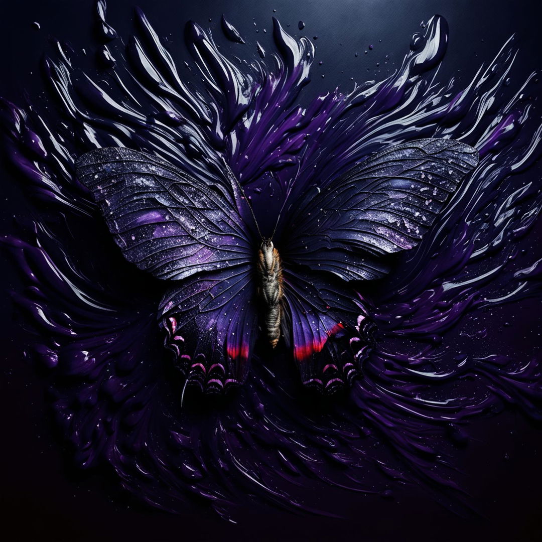 A purple butterfly with torn wings, positioned at an angle, set against a dark, swirling abstract background with shades of black, dark blues, and deep purples