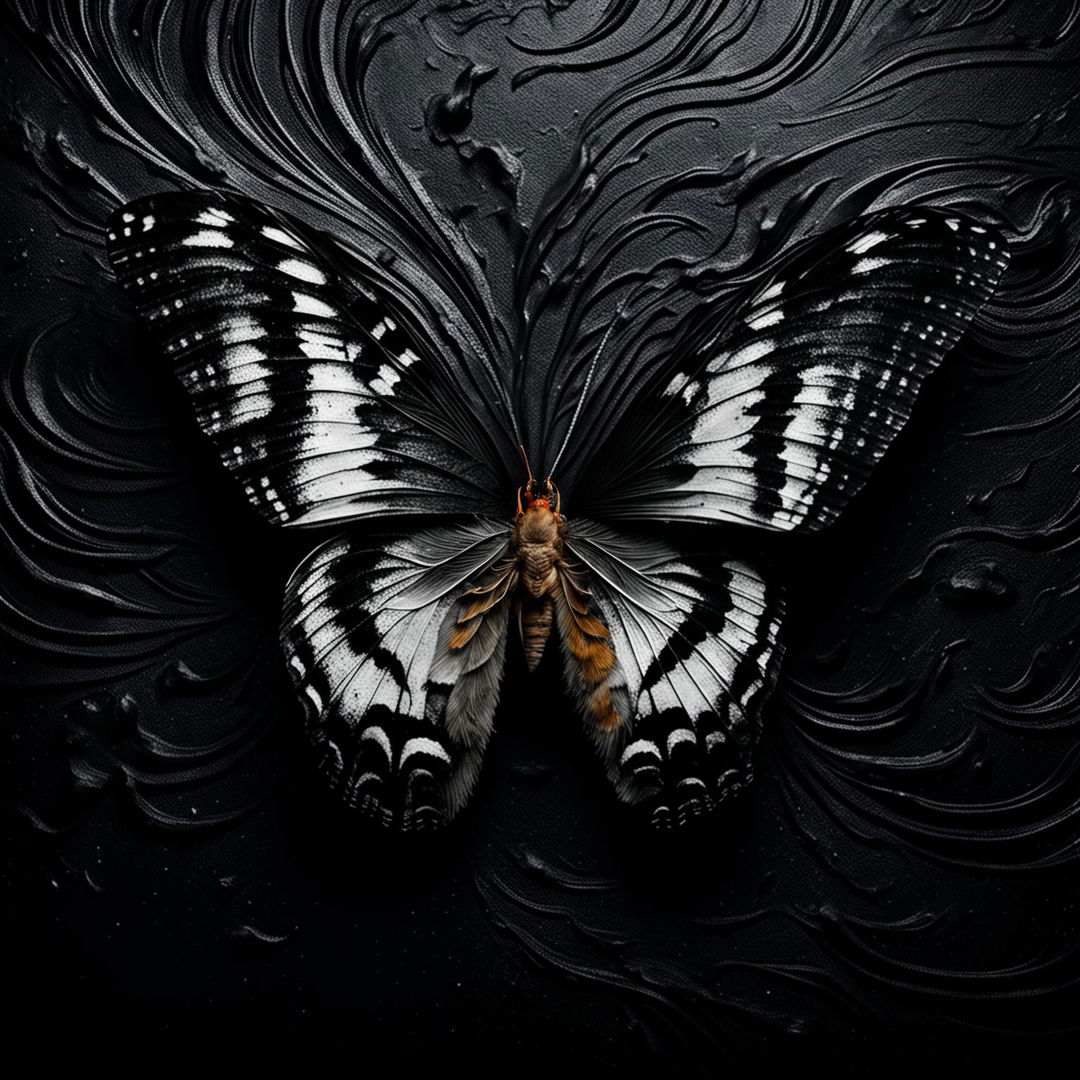 An angled butterfly with torn-off wings, set against a black and grey swirling abstract background.