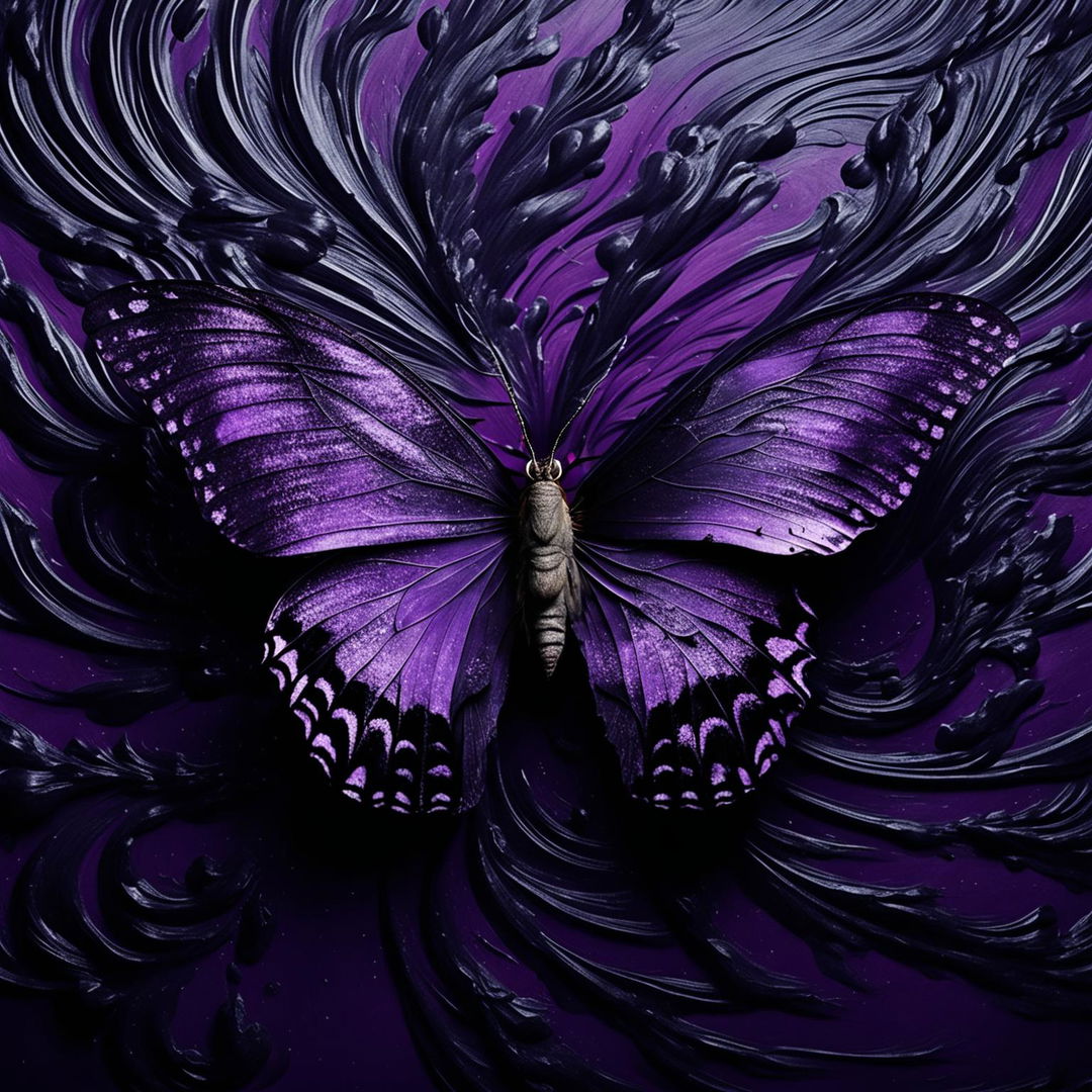 An angled purple butterfly with torn-off wings, set against a black and grey swirling abstract background.