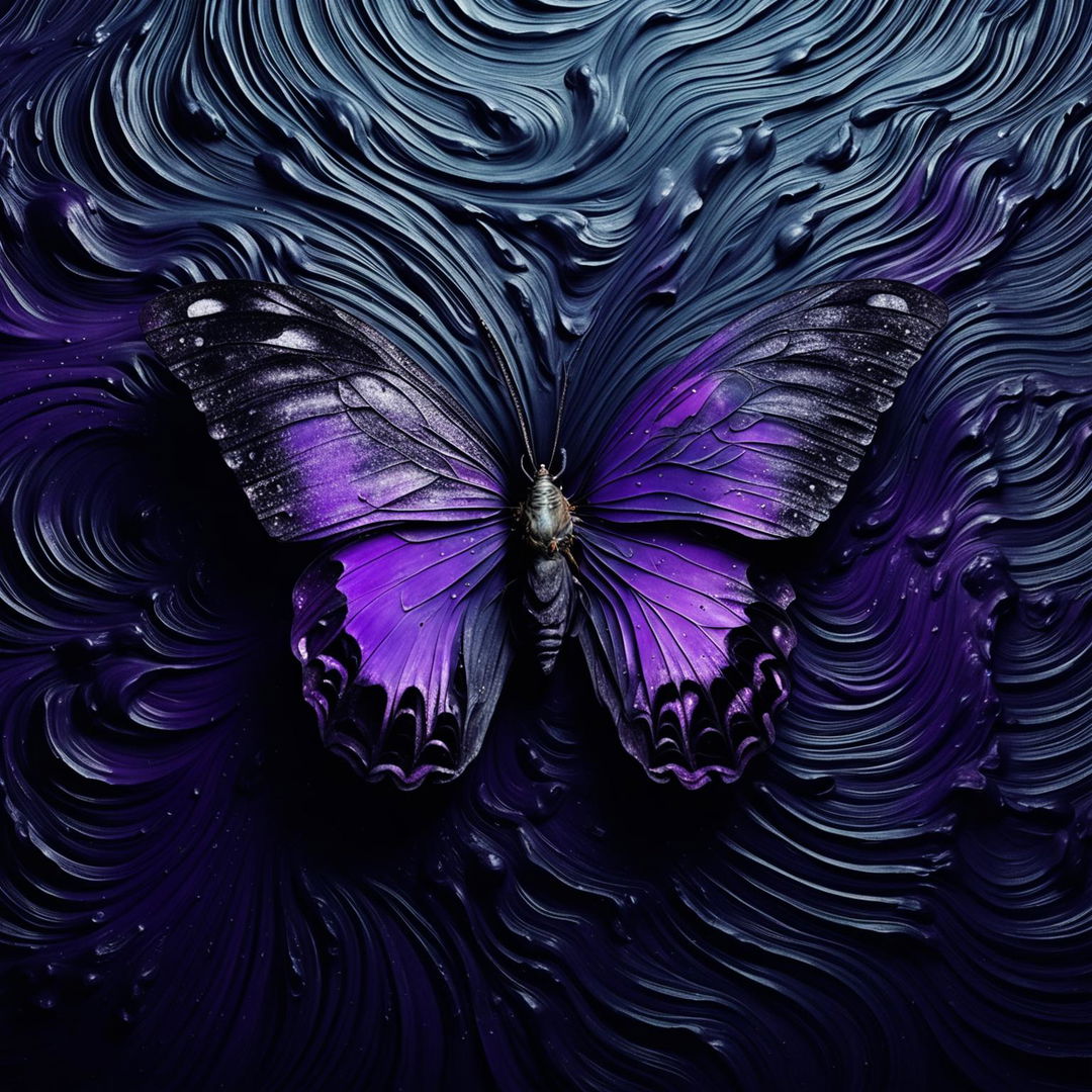 A purple butterfly with cut wings and holes, set against a black and grey swirling abstract background.