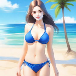 A short young woman with a balanced figure, wearing a blue bikini