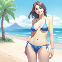 A short young woman with a balanced figure, wearing a blue bikini