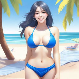 A short young woman with a balanced figure, wearing a blue bikini