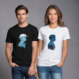 Generate an image of two T-shirt designs, one for men and one for women, for a pre-promotion. Each design should highlight the silhouette of a man or woman respectively, and use elegant and beautiful colors or color combinations.