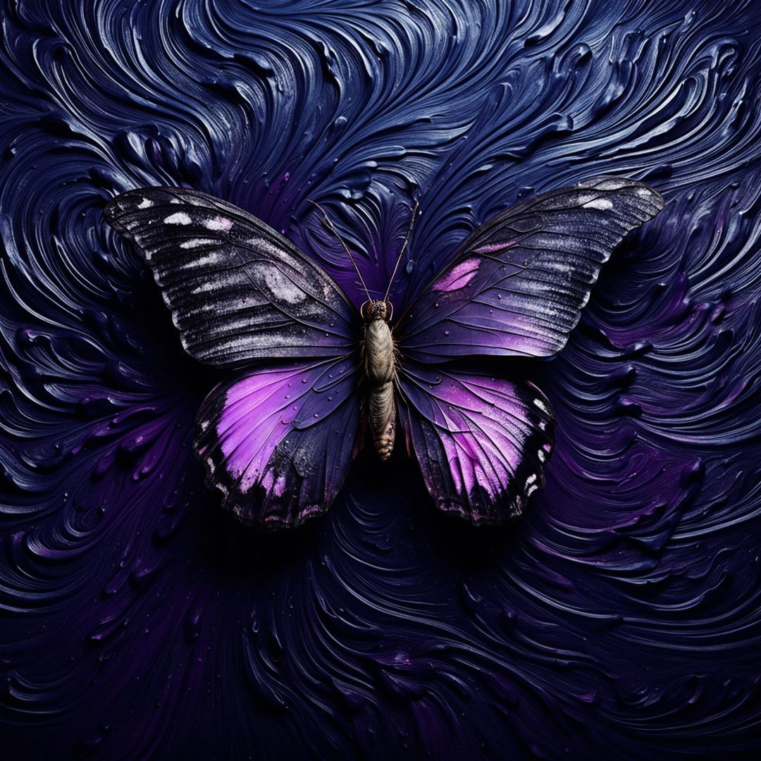 A purple butterfly with wings falling apart, set against a black and grey swirling abstract background.