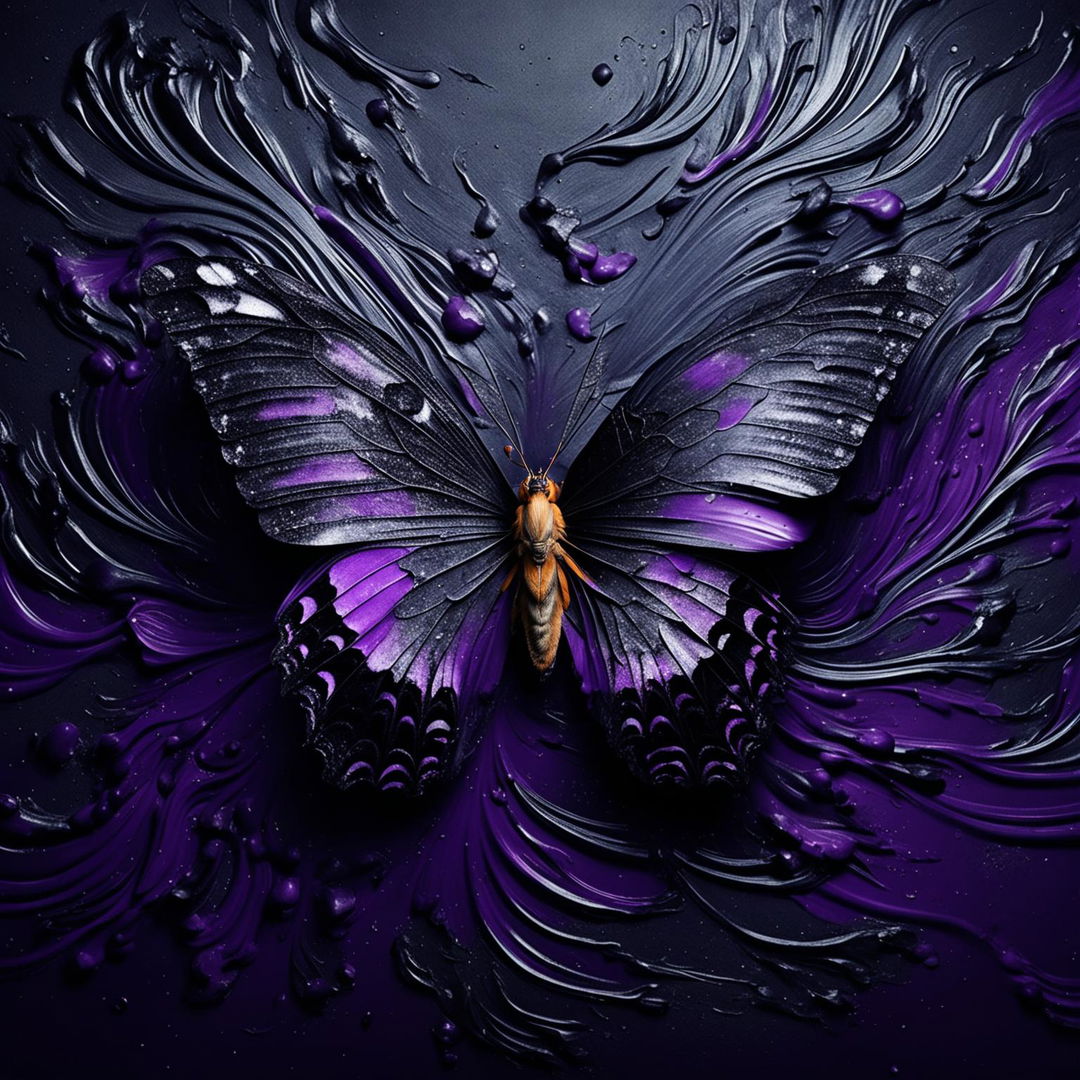 A purple butterfly with ripped wings set against a black and grey swirling abstract background.