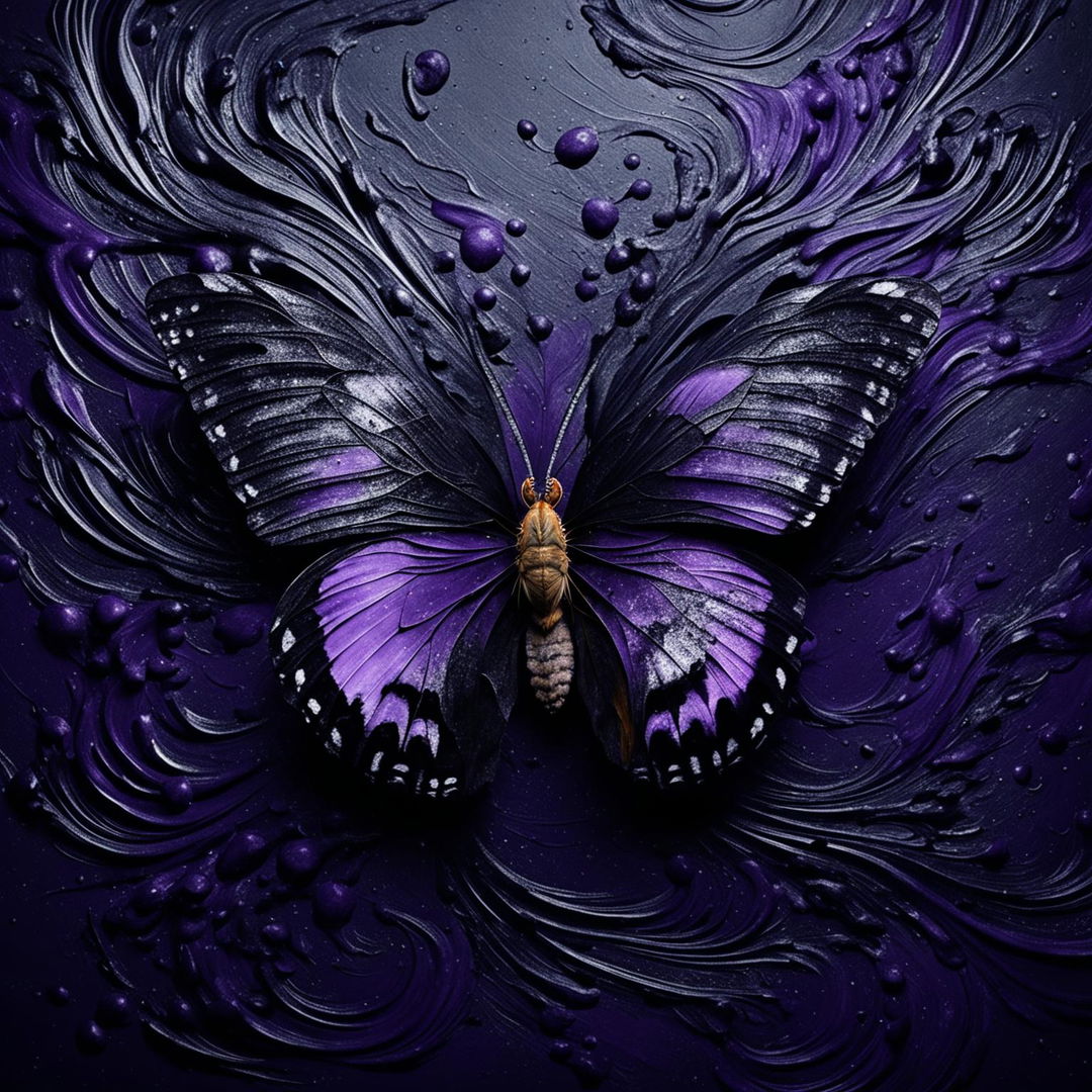 A purple butterfly with torn wings set against a black and grey swirling abstract background.