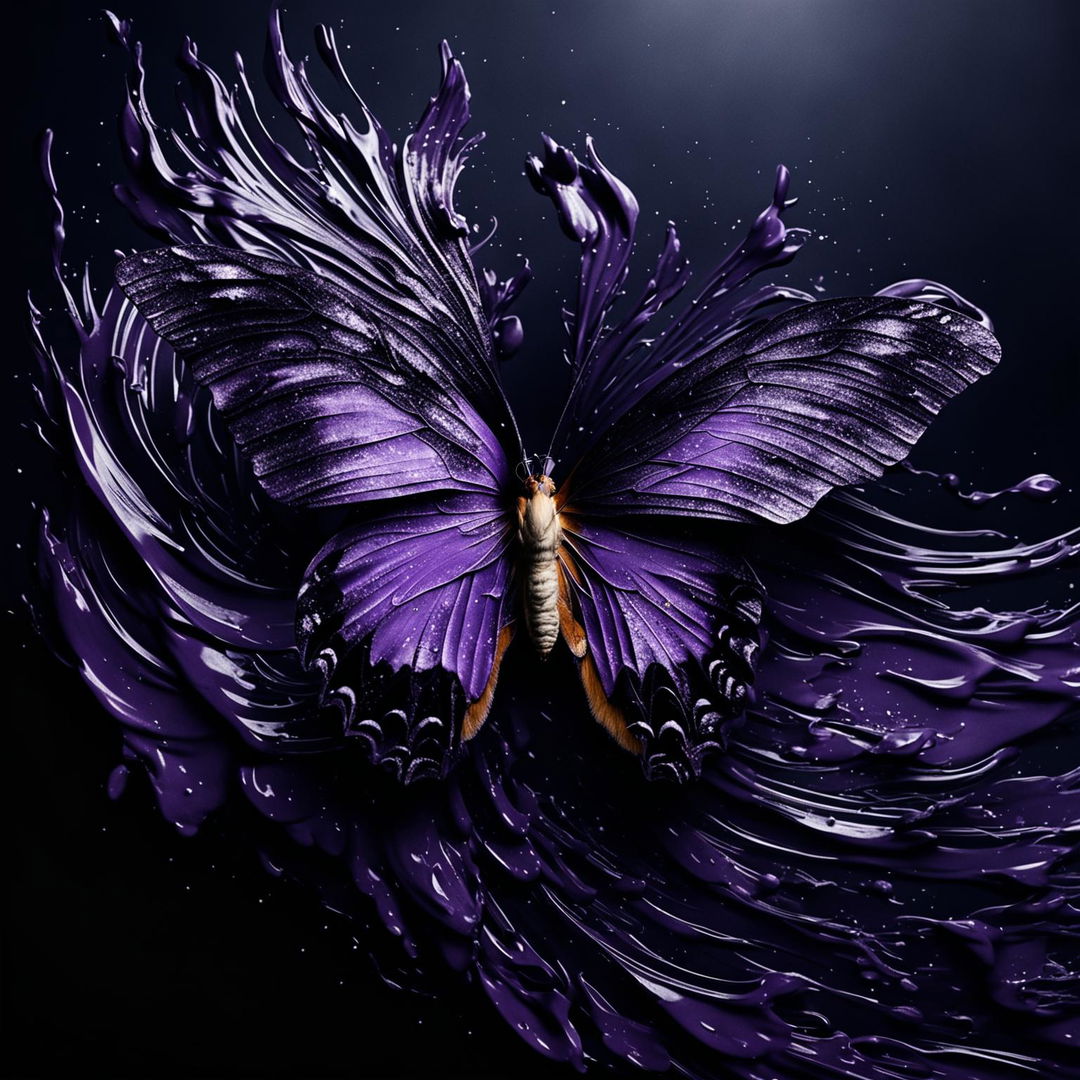 A purple butterfly with its wings being blown away, set against a black and grey swirling abstract background.