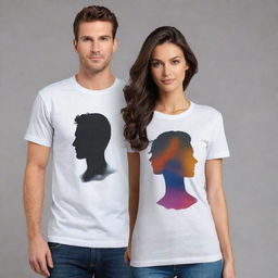 Generate an image of two T-shirt designs, one for men and one for women, for a pre-promotion. Each design should highlight the silhouette of a man or woman respectively, and use elegant and beautiful colors or color combinations.