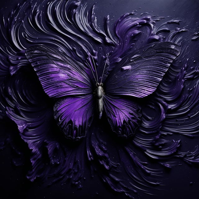 A purple butterfly caught in strong winds, set against a black and grey swirling abstract background.