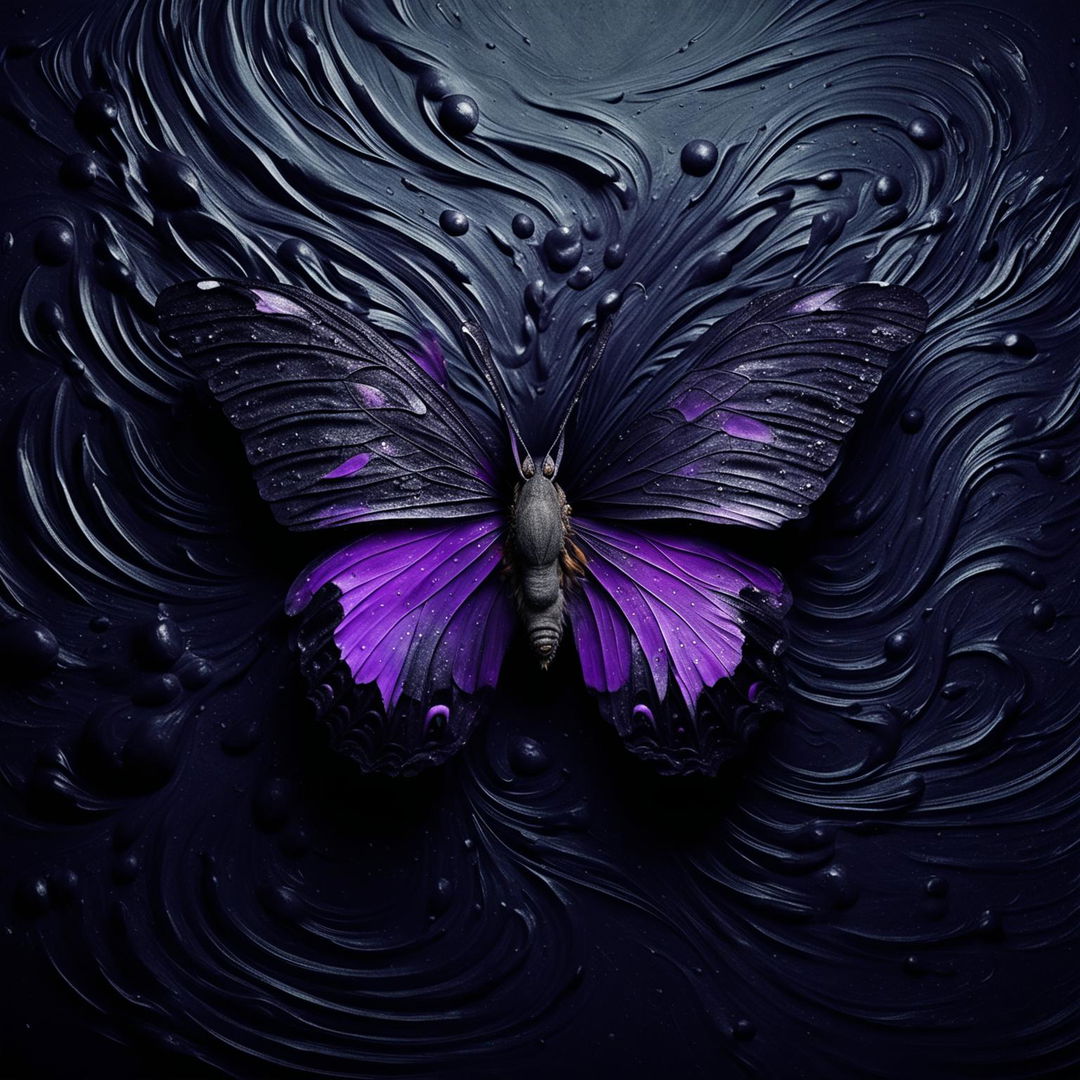 A purple butterfly with holes in its wings set against a dark swirling abstract background.