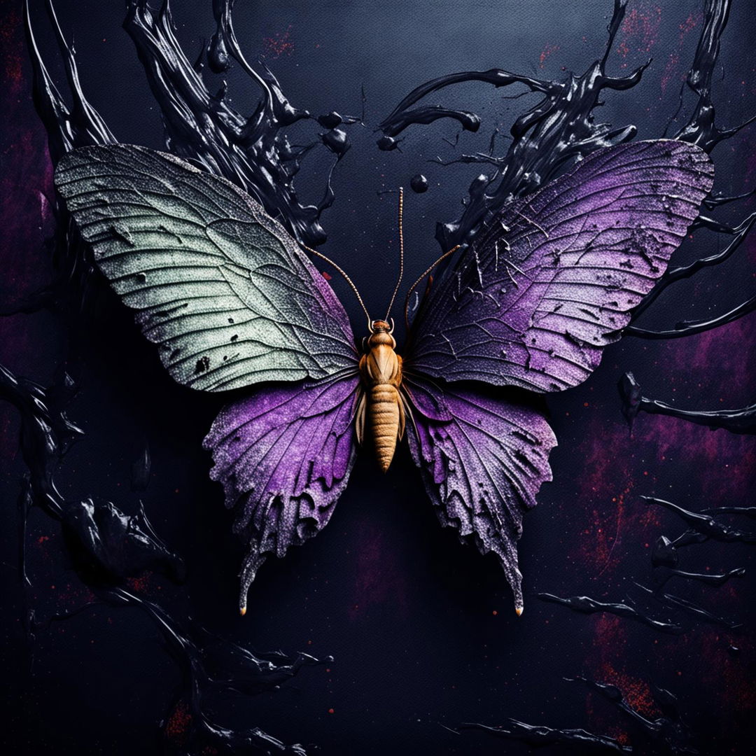 A purple butterfly with ripped and torn wings set against an abstract, decaying background with muted and dark colors.